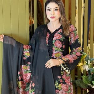 Elegant Black Georgette Three Piece for Women – Stylish Floral Design