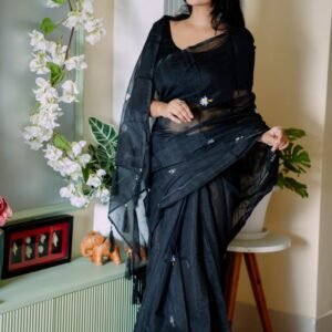 Black Shiuli Half Silk Saree | ব্ল্যাক শিউলি হাফ সিল্ক শাড়ি