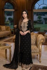 Garara Dress | কালো গোল্ডেন এমব্রয়ডারি গারারা ড্রেস