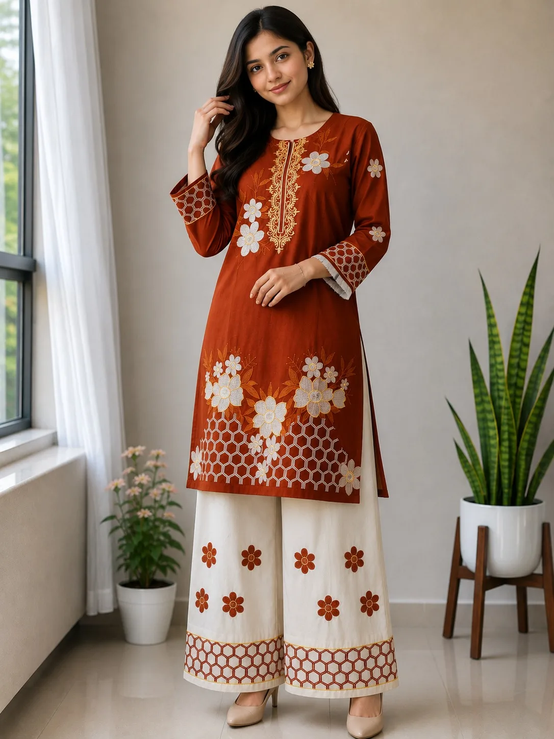 Pure Cotton Two Piece Set | এমব্রয়ডারি কুর্তি ও পালাজো সেট - Image 5