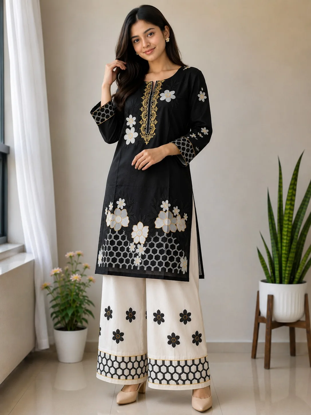 Pure Cotton Two Piece Set | এমব্রয়ডারি কুর্তি ও পালাজো সেট - Image 3