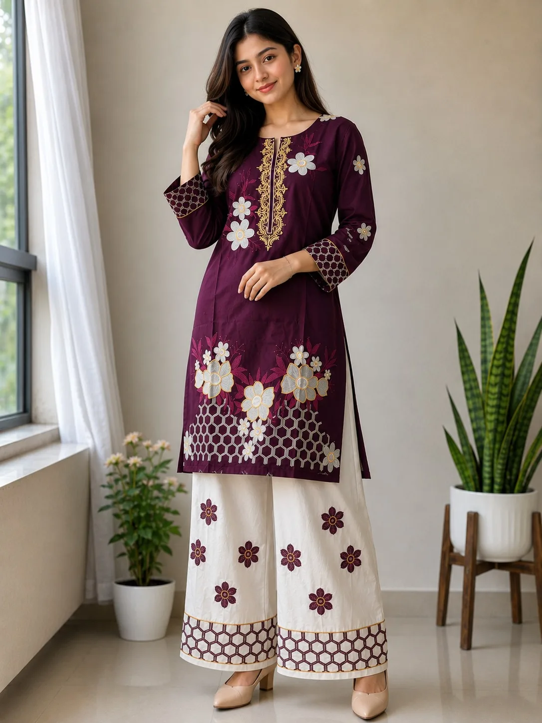 Pure Cotton Two Piece Set | এমব্রয়ডারি কুর্তি ও পালাজো সেট