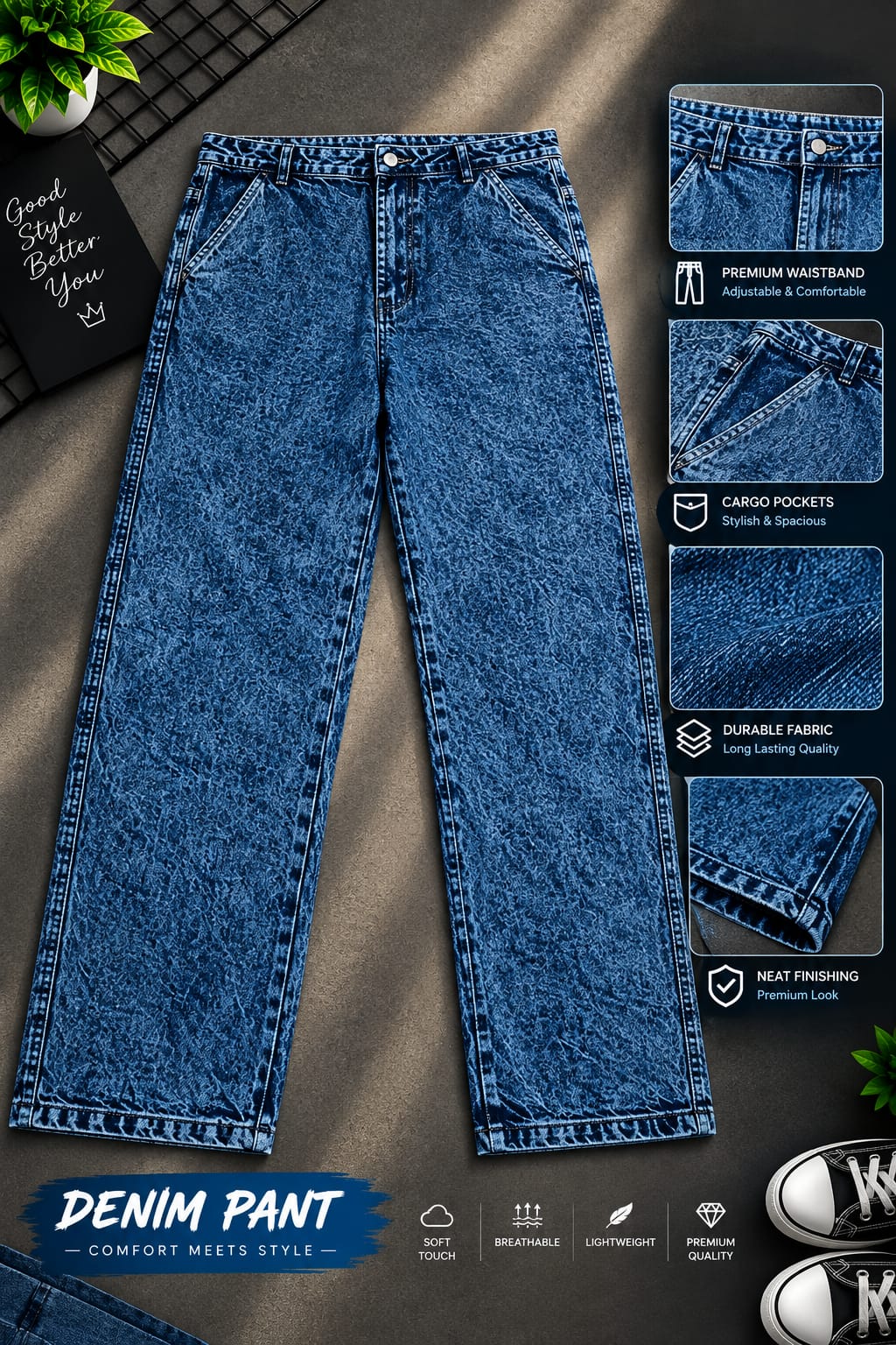 Semi Cargo Denim Baggy Pants | সেমি ব্যাগি কার্গো ডেনিম প্যান্ট - Image 3