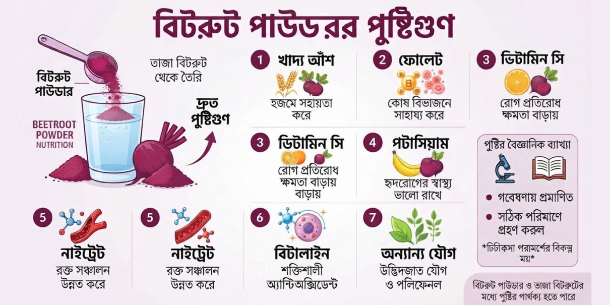এই ইনফোগ্রাফিকে বিটরুট পাউডারের বিভিন্ন পুষ্টি উপাদান যেমন—ফাইবার, ফোলেট, ভিটামিন সি, নাইট্রেট, বিটালাইন এবং অন্যান্য উদ্ভিজ্জ যৌগের বৈজ্ঞানিক ব্যাখ্যা ও স্বাস্থ্য উপকারিতা বিস্তারিতভাবে তুলে ধরা হয়েছে। পাশাপাশি, তাজা বিটরুটের তুলনায় পাউডারের পুষ্টির পার্থক্য এবং সঠিক ব্যবহার সম্পর্কে গুরুত্বপূর্ণ নির্দেশনা দেওয়া হয়েছে। (This infographic details the scientific explanation and health benefits of various nutrients in beetroot powder, such as fiber, folate, vitamin C, nitrate, betalains, and other vegetable compounds. It also provides important guidelines on nutritional differences compared to fresh beetroot and proper usage.) বিটরুট পাউডারের পুষ্টিগুণ ও স্বাস্থ্য উপকারিতা - বৈজ্ঞানিক তথ্যসমৃদ্ধ ইনফোগ্রাফিক
