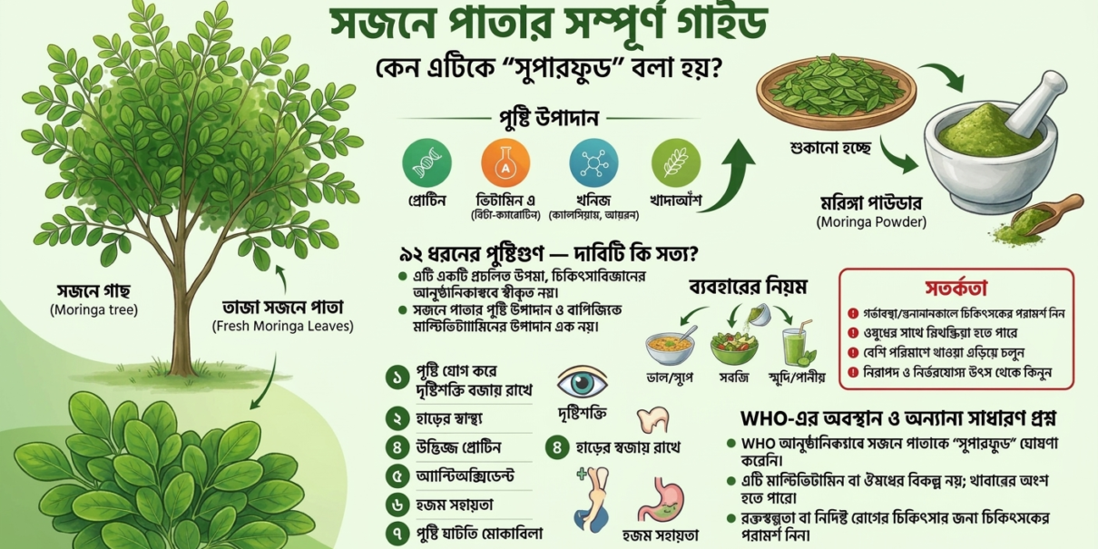 সজনে পাতার পুষ্টিগুণ ও সম্ভাব্য স্বাস্থ্য উপকারিতা সম্পর্কে জানুন। মরিঙ্গা পাউডারের ব্যবহার, পুষ্টি উপাদান এবং বৈজ্ঞানিক তথ্য পড়ুন। moringa powder benefit – সজনে পাতার গুঁড়া