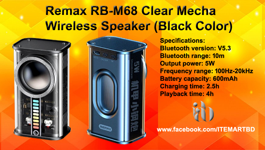 Remax RB-M68 Clear Mecha Wireless Speaker – Black Color.