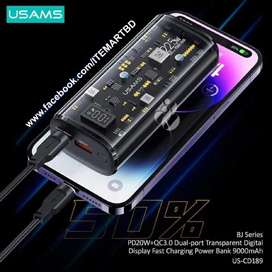 USAMS US-CD189 PD+QC 22.5W Transparent 9000 mAh Power Bank.