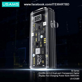 USAMS US-CD189 PD+QC 22.5W Transparent 9000 mAh Power Bank.