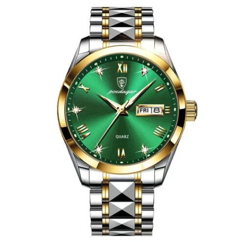 Poedagar Men Watch Green Dial Business Stainless Steel Quartz Watches Luxury Gold Waterproof Luminous Wristwatch Auto Week Date