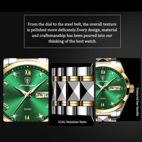 Poedagar Men Watch Green Dial Business Stainless Steel Quartz Watches Luxury Gold Waterproof Luminous Wristwatch Auto Week Date