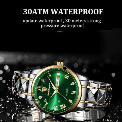 Poedagar Men Watch Green Dial Business Stainless Steel Quartz Watches Luxury Gold Waterproof Luminous Wristwatch Auto Week Date